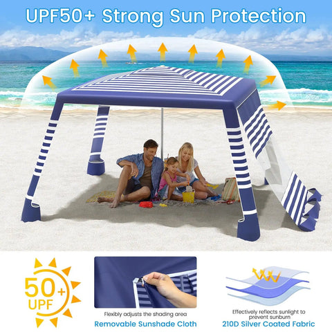 Family under 8x8 Beach Cabana With Side Wall Sun Shelter, Easy Setup And UPF Fifty Sun Protection For The Whole Crew at beach