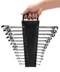 SAE 13 Piece 6 Point Combination Wrench Set With Full Polish Chrome Finish Includes 1/4 5/16 3/8 7/16 1/2 9/16 5/8 11/16 3/4 13/16 7/8 15/16 And 1 Inch Sizes Durable Heat Treated Chrome Vanadium Steel Stamped Size Callouts in hand.