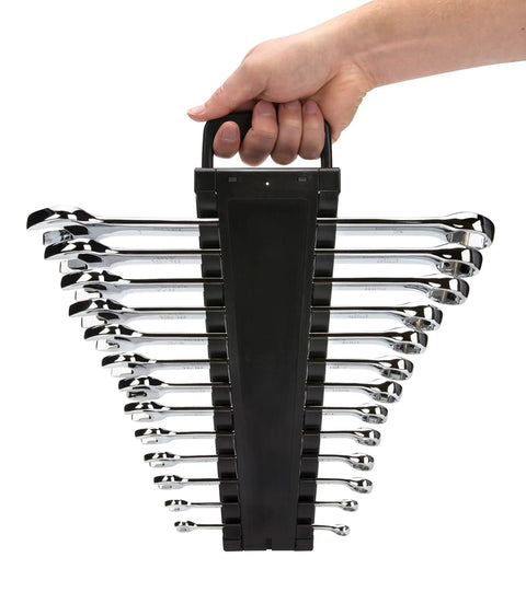 SAE 13 Piece 6 Point Combination Wrench Set With Full Polish Chrome Finish Includes 1/4 5/16 3/8 7/16 1/2 9/16 5/8 11/16 3/4 13/16 7/8 15/16 And 1 Inch Sizes Durable Heat Treated Chrome Vanadium Steel Stamped Size Callouts in hand.
