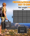 Man holding No-Fuss 100W Foldable Portable Solar Panel With Monocrystalline Cells Delivers 23.5 Percent Efficiency, hiking