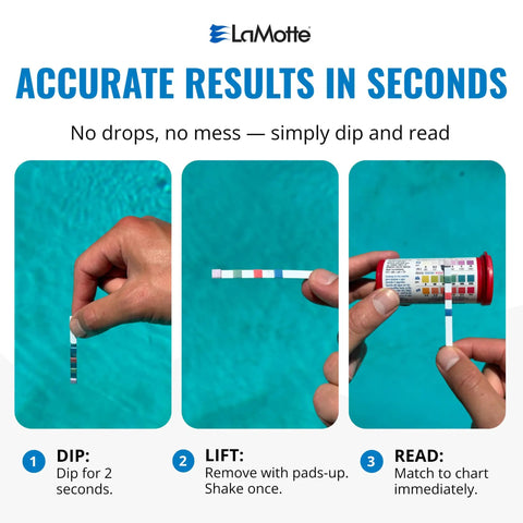 Straight Up Pool And Spa Test Strips To Keep Your Water Crisp And Clear Quick One Dip Chemistry Kit being dipped into pool water.