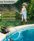 115V Water Transfer Pump For Home Use setup by pool, 6 ft hose, strainer; man using hose; easy installation guide.