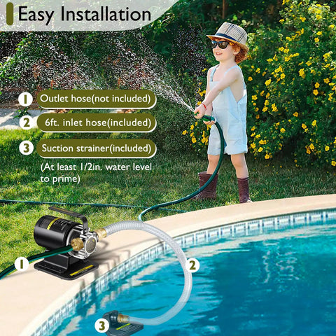 115V Water Transfer Pump For Home Use setup by pool, 6 ft hose, strainer; man using hose; easy installation guide.