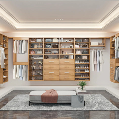 The Real Deal Modular Closet System 96 Inch Wall Mounted Organizer Made From Sturdy Wood with shelves and drawers in a spacious design.