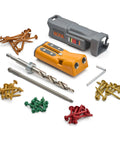 Heavy Duty Aluminum Pocket Hole Jig Kit With Auto Calibrating Clamp System And Fifty Premium Wood Screws For Knockout Furniture Joinery Right Out The Box Includes Square Drill Bit And Stop Collar Built Solid, including tools and screws.