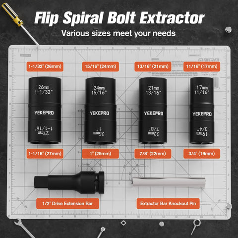 6 Piece 1/2 Inch Drive Flip Socket Set with Dual Head Lug Nut Removal Tools, impact sockets shown with sizes and accessories.