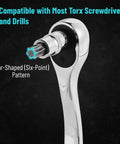 Torx Bit Socket Set 13 Piece T8 Through T60 with star-shaped six-point Torx bit on ratchet handle, S2 alloy steel for precision.