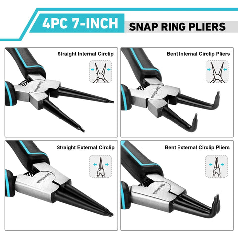 Heavy Duty Snap Ring Pliers Set Four Piece, Seven Inch Internal And External Circlip Pliers Kit with Straight And Bent Jaw