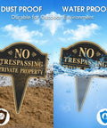 Hefty No Trespassing Signs 2 Pack Private Property Stakes showing dust proof and water proof features in outdoor settings.