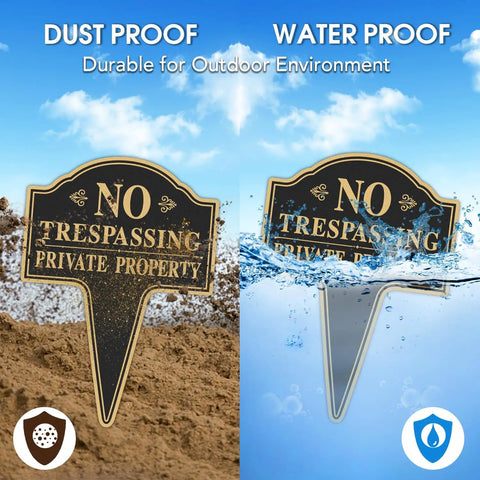 Hefty No Trespassing Signs 2 Pack Private Property Stakes showing dust proof and water proof features in outdoor settings.