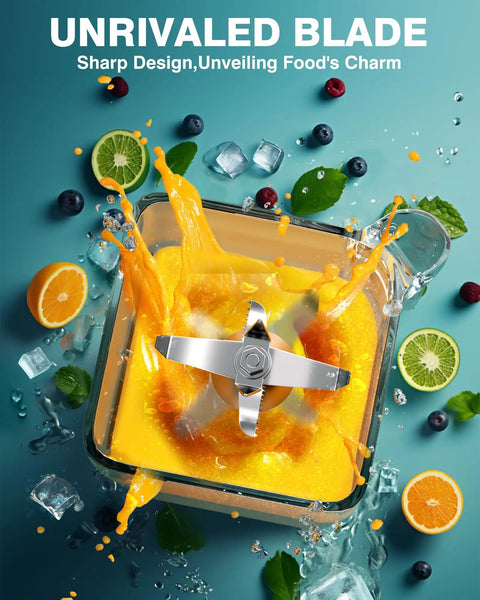 Overhead view of K90 Replacement Pitcher Cup for WantJoin Blender Shield Enclosure, 2200ml Capacity, with fruits and orange blend.