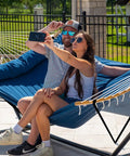 Curved Bar Hammock With Stand For Two People Heavy Duty Frame Detachable Pillow And Portable Carrying Bag For Outdoor And Indoor Use Navy Blue