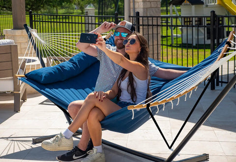 Curved Bar Hammock With Stand For Two People Heavy Duty Frame Detachable Pillow And Portable Carrying Bag For Outdoor And Indoor Use Navy Blue