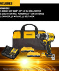 20V Max XR Brushless Cordless 1/2 In Drill Driver Kit with PowerPack Batteries and Charger displayed with bag and accessories