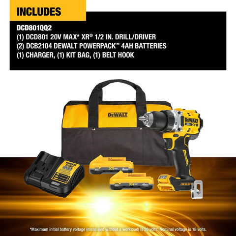 20V Max XR Brushless Cordless 1/2 In Drill Driver Kit with PowerPack Batteries and Charger displayed with bag and accessories