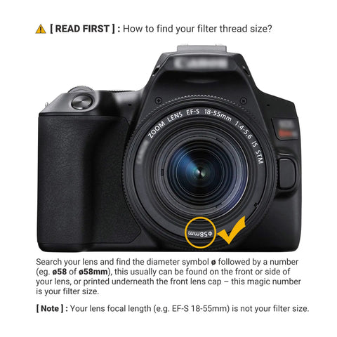 Guide on finding lens thread size on camera for 58mm UV Filter For Canon And Fujifilm Lenses With 58mm Thread Multi Coated Japanese Optical Glass Shields Against Dust Moisture And Scratches Keeps Your Glass Clean And Cuts Blue Cast For Canon EOS Rebels And Fuji X Series Kit Lenses.