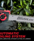 Close-up of 10 Inch Cordless Chainsaw with Brushless Motor Auto Oiler for wood cutting, showing chain and auto oiling system feature.