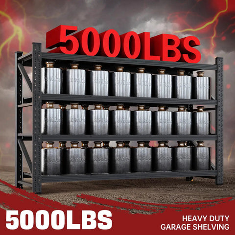 Beefy 5000 Lb Garage Shelving Unit, Extra Wide 71 Inch W by 24 Inch D Steel Shelves holding heavy weights, black industrial design.