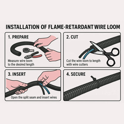 Installation steps for 3/4 Inch Flame Retardant Polypropylene Split Wire Loom Tubing Corrugated Conduit with Flammability Tracer.