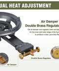 Close-up of 13 Inch Cast Iron Wok Burner Stove With 90,000 BTU High Heat For Outdoor Cookin showing air damper and brass regulator