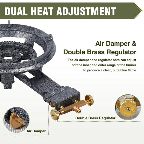 Close-up of 13 Inch Cast Iron Wok Burner Stove With 90,000 BTU High Heat For Outdoor Cookin showing air damper and brass regulator