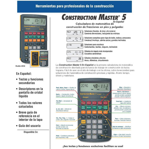 Spanish Display Construction Master 5 Foot Inch Fraction Calculator with labeled features and keys in Spanish.