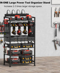 Power Tool Organizer Floor Stand With Charging Station For Garage Adjustable Storage Rack Tool Shelf With 8 Outlet Power Strip Heavy Duty Drill And Battery Holder Built To Last Black