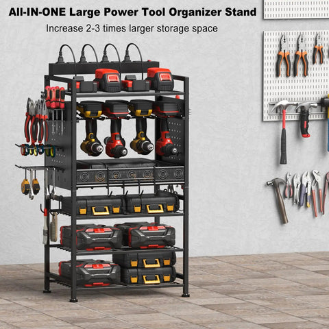 Power Tool Organizer Floor Stand With Charging Station For Garage Adjustable Storage Rack Tool Shelf With 8 Outlet Power Strip Heavy Duty Drill And Battery Holder Built To Last Black