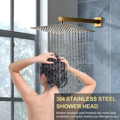 Premium Brushed Gold Shower System With Slick 10 Inch Rainfall Head And Wall Mount Faucet Kit Designed For Bullseye USA Plumbing Fit And Offers A Legit Heavy Duty Vibe