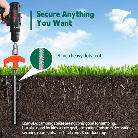 Drill inserting Twenty Pack 8 Inch Screw In Tent Stakes With Beefy Hex Heads Heavy Duty Stainless Steel Ground Anchors into grass.