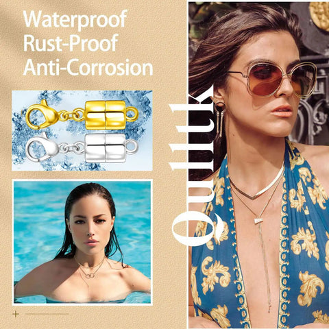 Six Pack Magnetic Clasp Set For Necklaces And Bracelets, 18K Gold And Silver Lobster Clasps, displayed with water and model