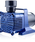 Submersible pond pump in blue plastic with top discharge fitting and carrying handle