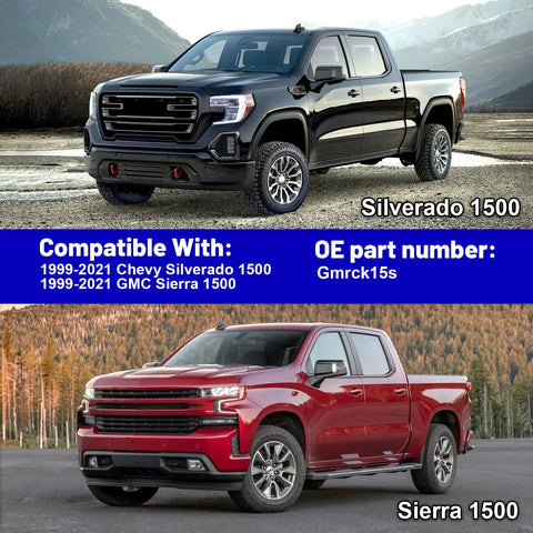 Black Silverado 1500 and red Sierra 1500 compatible with Gmrck15s Rear Suspension Bump Stop Kit for 1999-2021 models.