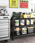 Beefy Heavy Duty 3 Tier Metal Garage Shelving Unit For Storage With 1320 Lb Total Capacity Adjustable Shelves 40 Inches Wide 18 Inches Deep 36 Inches High Ideal For Reptile Tanks Aquariums Pantry And Garage Black in garage with tools