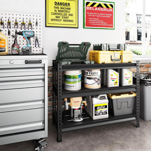 Beefy Heavy Duty 3 Tier Metal Garage Shelving Unit For Storage With 1320 Lb Total Capacity Adjustable Shelves 40 Inches Wide 18 Inches Deep 36 Inches High Ideal For Reptile Tanks Aquariums Pantry And Garage Black in garage with tools