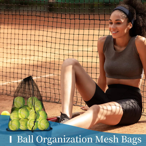 Six Pack Mesh Drawstring Bags 14 By 17 Inches with Locking Drawstrings for tennis balls on a tennis court with player