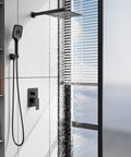 Black Shower Faucet Set With 10 Inch Rainfall Shower Head And Handheld 3 Function Shower System Brass Pressure Balance Valve Ceramic Core Built To Last Stainless Steel Trim Dope Rust Resistant Bath Upgrade installed in modern bathroom
