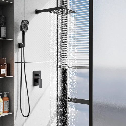Black Shower Faucet Set With 10 Inch Rainfall Shower Head And Handheld 3 Function Shower System Brass Pressure Balance Valve Ceramic Core Built To Last Stainless Steel Trim Dope Rust Resistant Bath Upgrade installed in modern bathroom