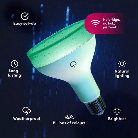 Crazy Bright Supercolor BR30 Smart Flood Bulb glowing green, showcasing features like easy setup, weatherproof, and natural lighting.