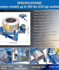 Industrial Centrifugal Dehydrator Beast For 55 Pound Solid Liquid Separator Biomass Oil Extraction And Textile Hardware Drying Stainless Steel 960 RPM 220V Three Phase with specifications and detailed components.