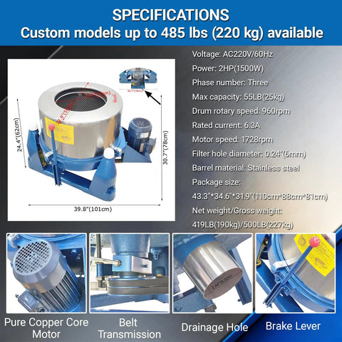 Industrial Centrifugal Dehydrator Beast For 55 Pound Solid Liquid Separator Biomass Oil Extraction And Textile Hardware Drying Stainless Steel 960 RPM 220V Three Phase with specifications and detailed components.