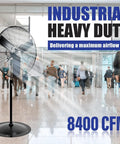 Heavy Duty 30 Inch Pedestal Oscillating Fan for Shop, Garage and Warehouse, 120V 3 Speed With Max 8400 CFM in busy lobby.