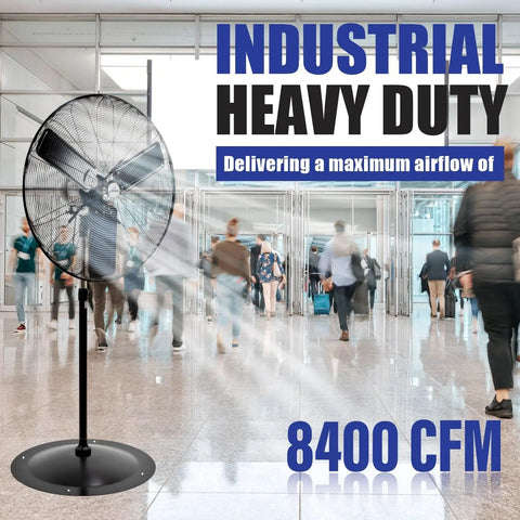 Heavy Duty 30 Inch Pedestal Oscillating Fan for Shop, Garage and Warehouse, 120V 3 Speed With Max 8400 CFM in busy lobby.