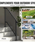 Tough As Nails Outdoor Stair Handrail Kit For Three To Four Steps Featuring Rust Proof Iron Railings No Sweat Assembly Dependable Grip Porch Deck And Concrete Anchor Reliable Security For Seniors In Glossy Black Retro Curves on porch stairs with garden backdrop.