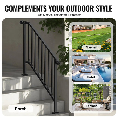 Tough As Nails Outdoor Stair Handrail Kit For Three To Four Steps Featuring Rust Proof Iron Railings No Sweat Assembly Dependable Grip Porch Deck And Concrete Anchor Reliable Security For Seniors In Glossy Black Retro Curves on porch stairs with garden backdrop.