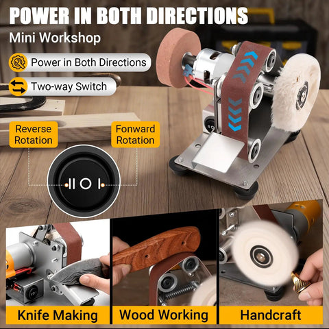 Badass Mini Electric Belt Sander And Knife Sharpener For Precision Jewelry Crafting And Desk Polishing Compact Power Tool showing two-way switch and grinding options.