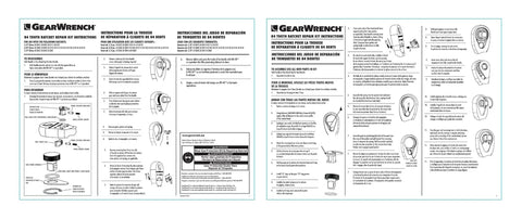 Instruction manual for GearWrench Half Inch Drive 84 Tooth Non Quick Release Ratchet Repair Kit in multiple languages.