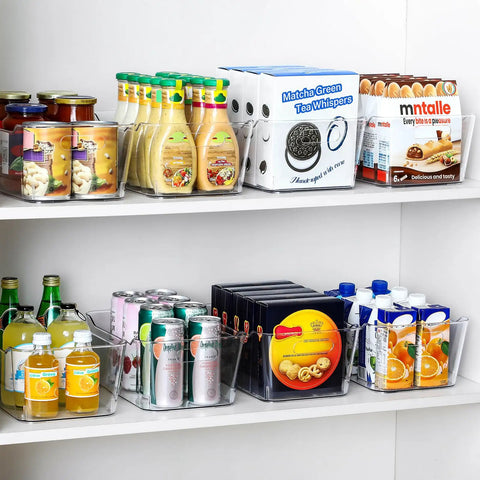 Straight Up Kitchen Pantry Game Changer This Twelve Pack Of Clear Plastic Storage Bins And Bold Black Labels organizes snacks and drinks.