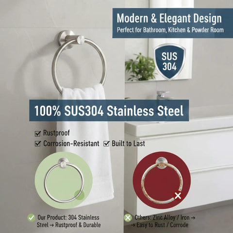 Brushed Nickel Towel Ring Stainless Steel Round Bath Towel Holder For Bathroom Wall Mount Rustproof Durable Easy Install With Screws