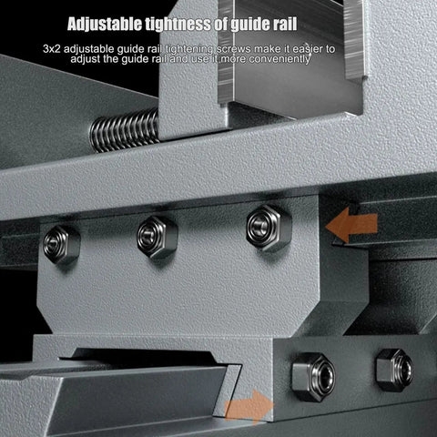 Heavy Duty Precision Cross Slide Drill Press Vise built tough as nails shows adjustable guide rail tightening screws.